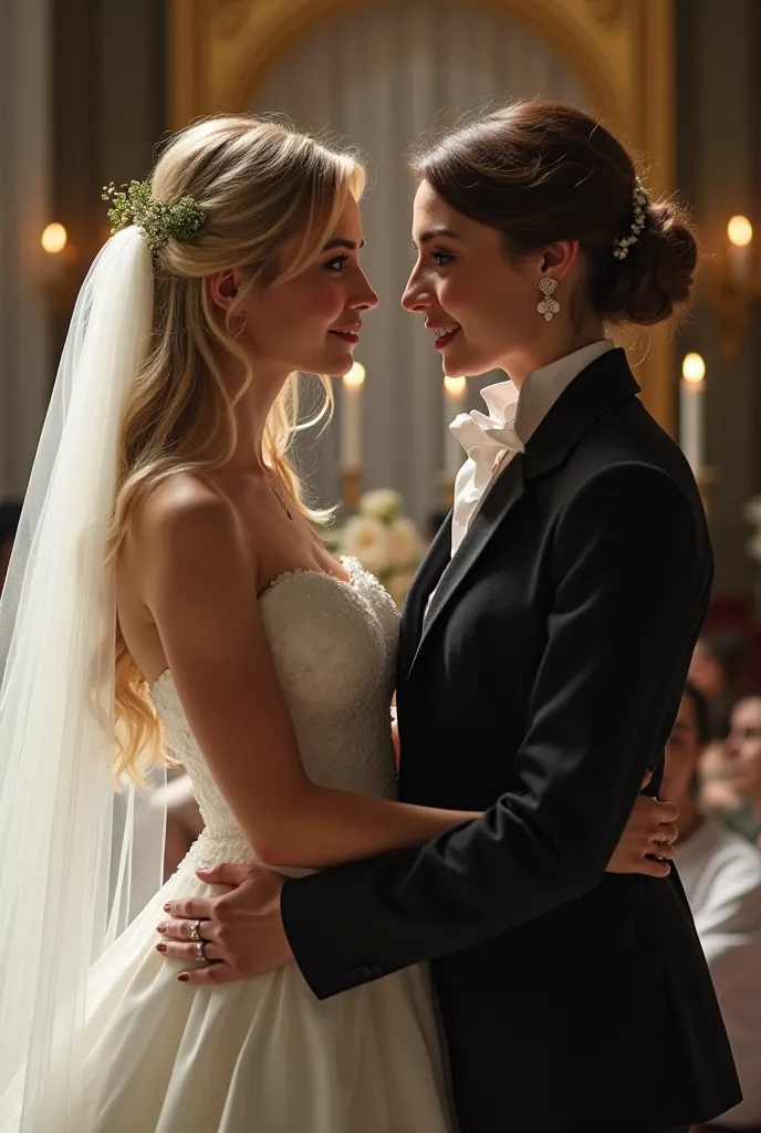 Create me a photo of two women looking at each other in wedding outfits one blonde in a wedding dress and the other brunette male woman looking a little round in a suit with a card of spades in the background 
