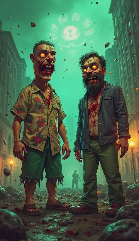 "A dramatic, horror-style digital painting of Glenn Quagmire and Cleveland Brown as terrifying zombies, standing among the destroyed city. Quagmire's famous ‘Giggity’ grin is now twisted with rotting flesh, his Hawaiian shirt is in tatters, and his eyes gl...