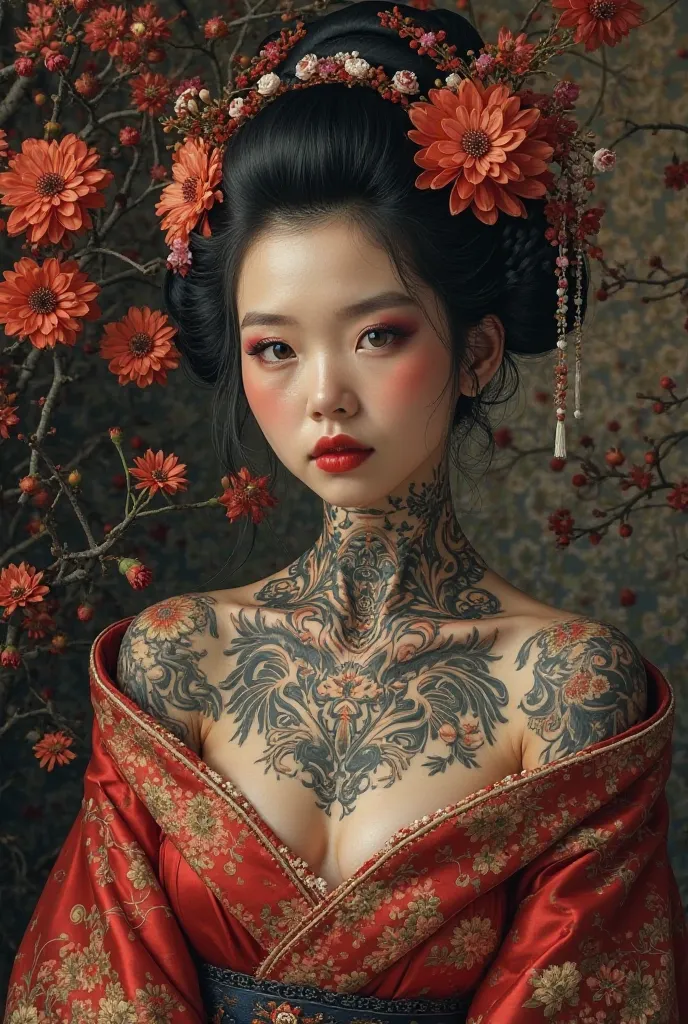 image hyper réaliste d'une magnifique coréenne élégante en kimono traditionnel. Son kimono dénudé ses épaules et son dos. Son.dos est entièrement tatoué de tatouages traditionnels. Elle dégage une aura mélancolique.
L'arrière-plan de cerisiers en fleurs cr...