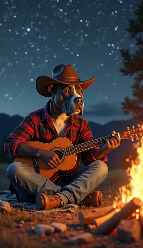 "A highly realistic and anthropomorphic pitbull sitting cross-legged near a glowing campfire, fully dressed in a casual yet rugged cowboy outfit. He wears a brown leather cowboy hat with a slightly tilted brim, a red-and-black plaid shirt with rolled-up sl...