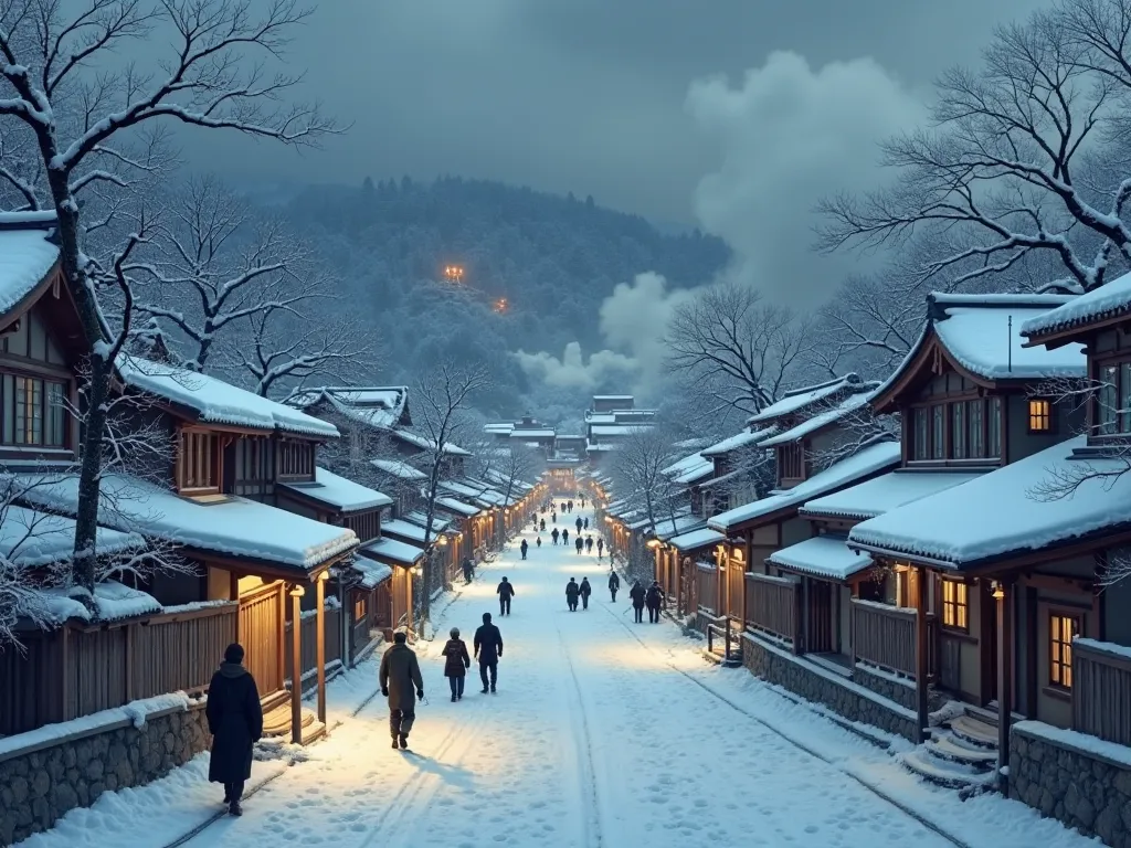 Japanese streets in winter, night views, sparse foot traffic, Japanese cities, Japanese painting style, luxury hot springs, landscape paintings, Slash construction