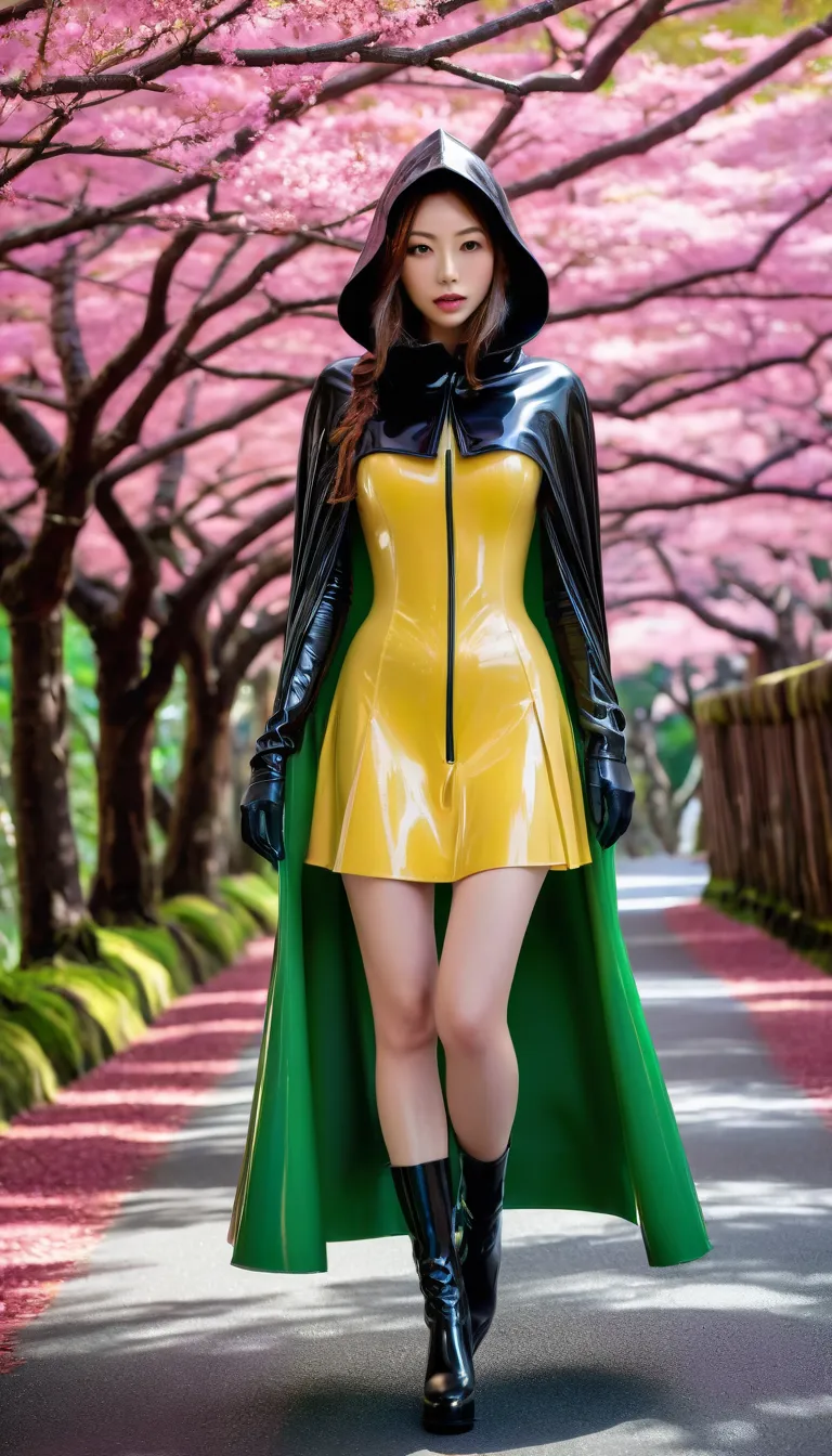 japan women hood up latex coat with long sleeve cape and latex long wide Skater skirt very higth latex heel and latex gloves with equipped hidden blade in medieval japan Arashiyama in summer, and walk ,4K sophisticated and highly detailed, ultra hd, realis...