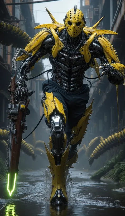 Hyper-realistic image. High quality, 8K Ultra HD. Jason Voorhees mutated by the banana virus, transformed into a hybrid bio-robotic titan of rotting flesh and cybernetic machinery. is running with a chainsaw in his hand ready to attack. His iconic hockey m...