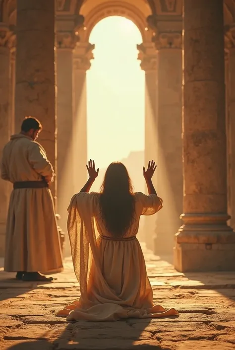 Anna kneeling , hands raised in fervent cry at the Temple of Shiloh. Priest Eli in the background, observing. Heavenly light entering through the stone columns. Cinematic realism. golden, sky blue, ivory. captured at a wide angle. Soft and sacred lighting,...