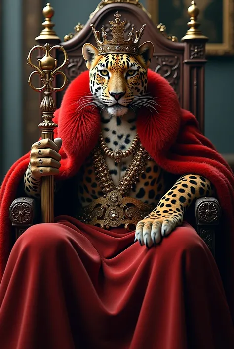 A leopard in royal fur dressed on his body on a throne with a royal scepter and a chess crown