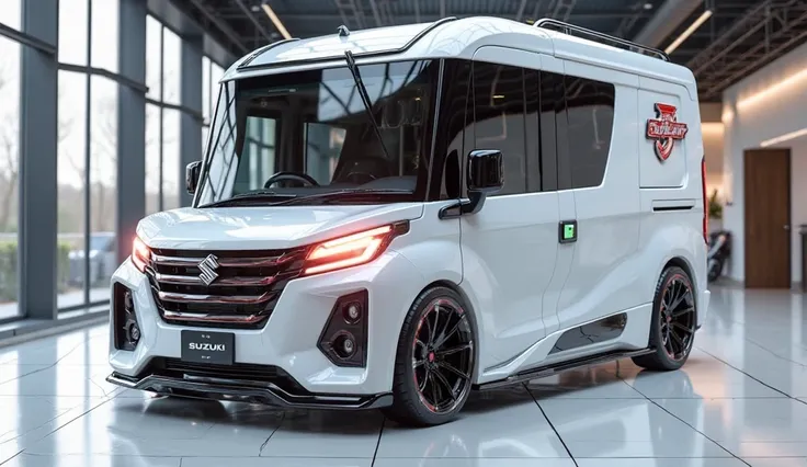 3D render of a heavily modified (2025 Suzuki every camper)in white )colour, (full front view) The car features closing doors, ultra-high-detail glossy and shiny modifications, including sleek add-ons. The () logo is prominently displayed on the closing doo...