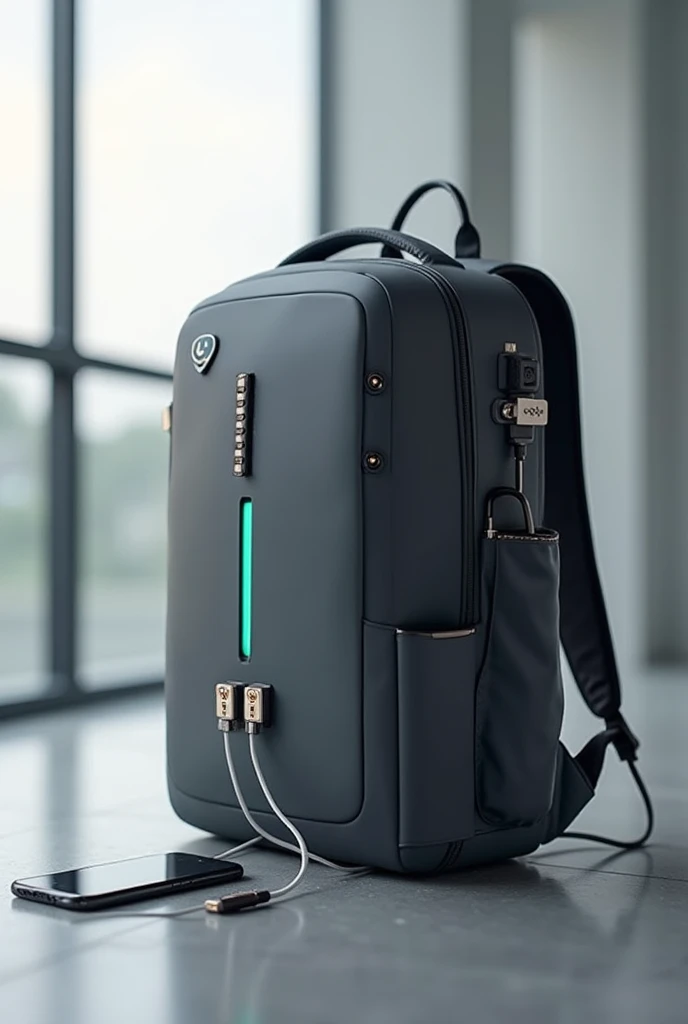 A travel backpack with a,  a USB cable comes out on one side and a phone is charging, Hang a GPS pin and a Wi-Fi antenna on one side