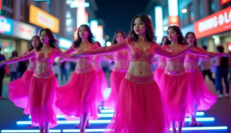 A group of young Asian women, positioned in a line across the image, are performing a vibrant dance. They are dressed in shimmering,  pink, flowing,  belly-dancing costumes, featuring embellished tops and  wide skirts.  The women have expressive faces and ...