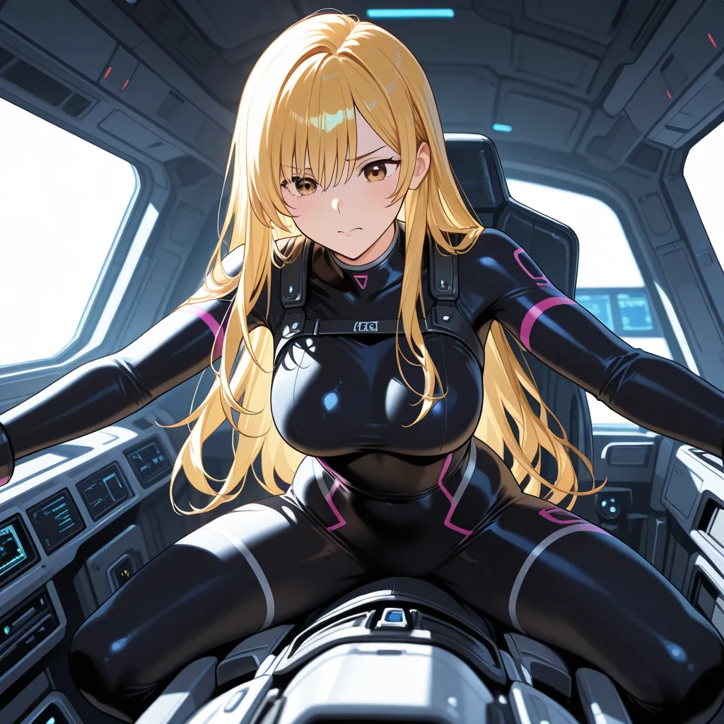 1girl, cockpit, leaning forward, slouching, straddle the saddle, from behind, bodysuit