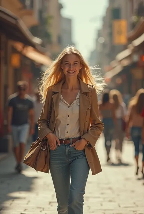 Street shooting of a blonde woman, It slowly runs towards the camera,  she smiles , A shopping street is blurred in the background 