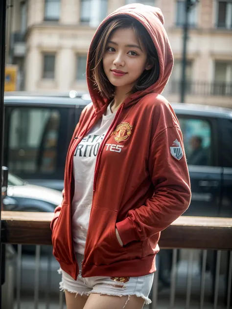 Top quality, ultra high resolution, realisitic, Beautuful Woman, Beautiful detail eyes and skin, smile, Light brown short-cut hair, She is wearing (red hoodie, Manchester United shirt), posing for a photo, photo of slim girl model, gorgeous model, IG-Model...