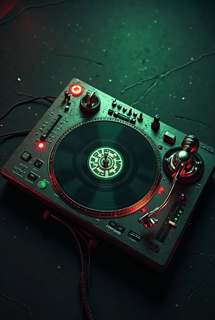 Create an image of a turntable in I want to put it on Facebook and tick tock I'm the DJ so I want to turn table spinning create a cold one now colors black green red (top-down view center) 