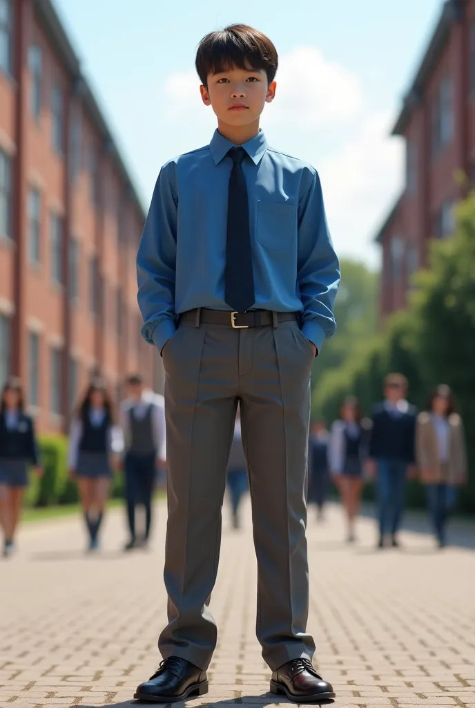 Create a high school uniform with a blue shirt and gray pants