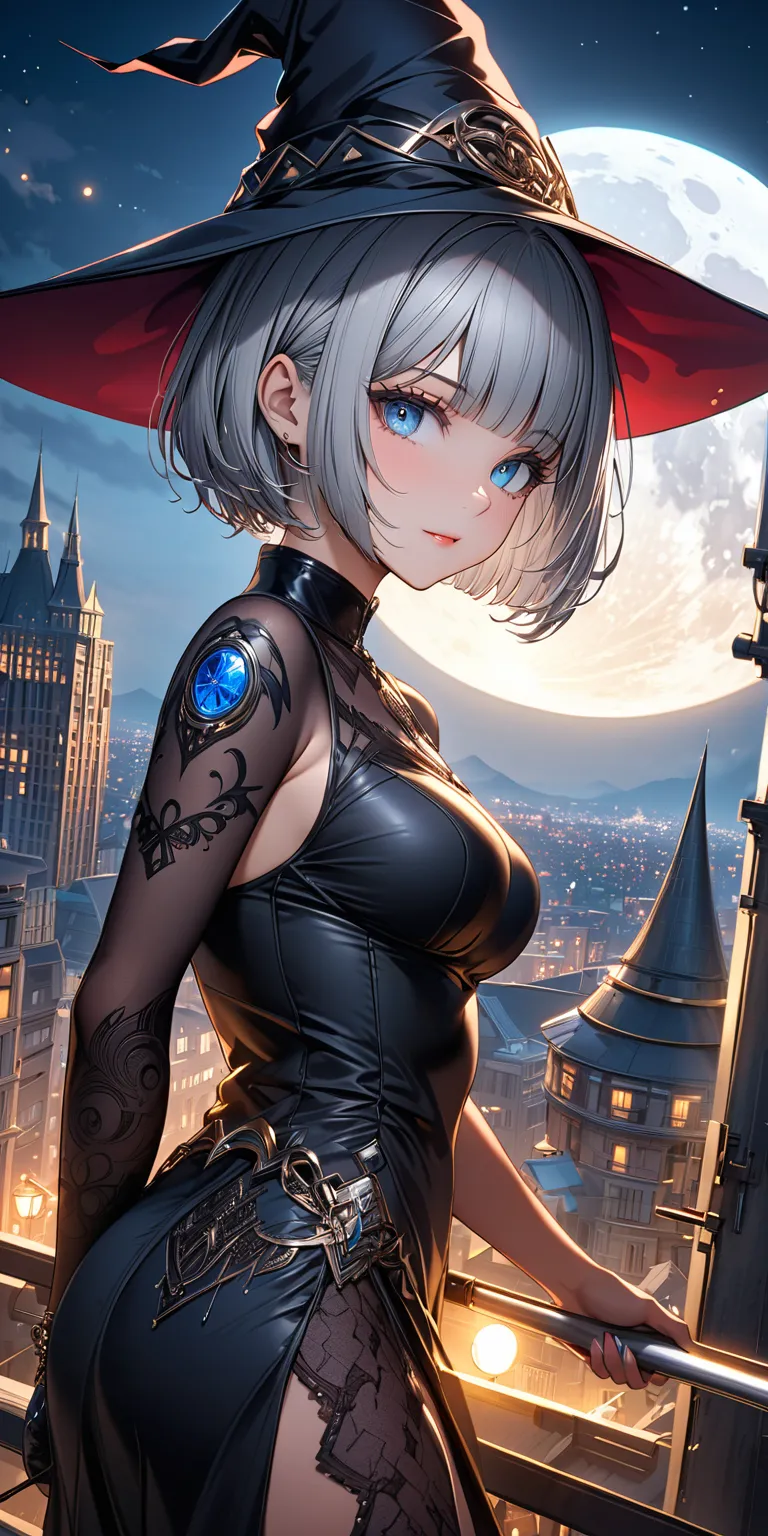 Ultra high resolution, rich colors, perfect image, top quality, detailed image, beautiful woman, glowing skin, skin and clothing texture, delicate eyes, night, moon, building rooftop, moon witch, witch hat, holding a big mechanical scythe, (((silver short ...