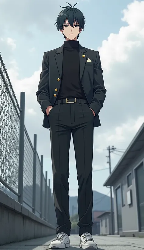 10 Feet Tall anime male, 20 years old,Very short hair that is black and looks medium,Black alma mater with high collar,Gold buttons, black formal trousers,White sports shoes,Having facial skin that is half bright white  and half black,Having black eyeballs...