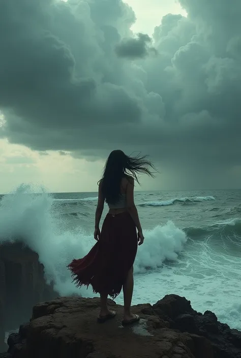 A Mexican woman is standing on a cliff, with gray skies and storm clouds covering the horizon. The wind shakes her hair as she watches the raging ocean. 