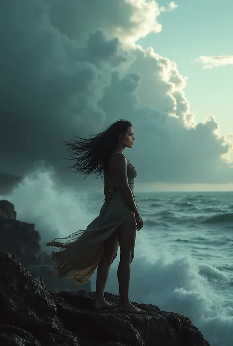 A Mexican woman is standing on a cliff, with gray skies and storm clouds covering the horizon. The wind shakes her hair as she watches the raging ocean. 