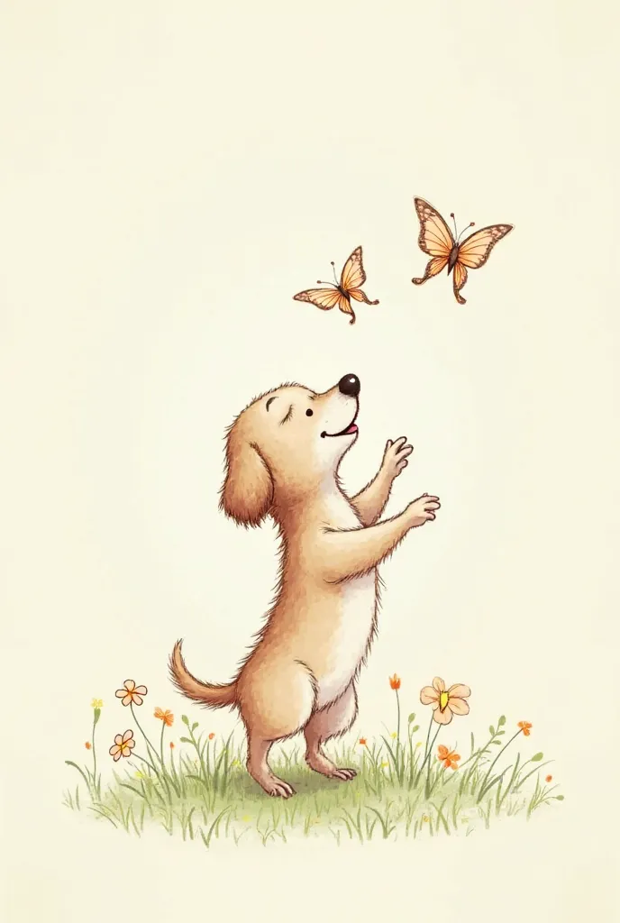 This charming vintage-style drawing shows a typical dog standing on its hind legs, playfully reaching out towards two delicate butterflies floating in the air. The dog has a soft, content expression, and its fur is intricately detailed with fine lines. The...