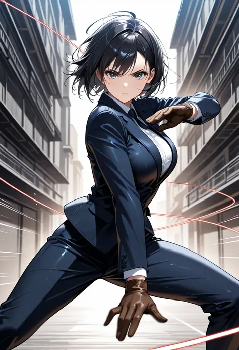 (masterpiece),(absurdres),(ultra detailed),(beautiful detailed), uncle ,athletic,in a suit、 black hair、short hair、Battle stance,thread wirewder ,leather gloves,serious,shiny speed lines,motion blur:1.4,