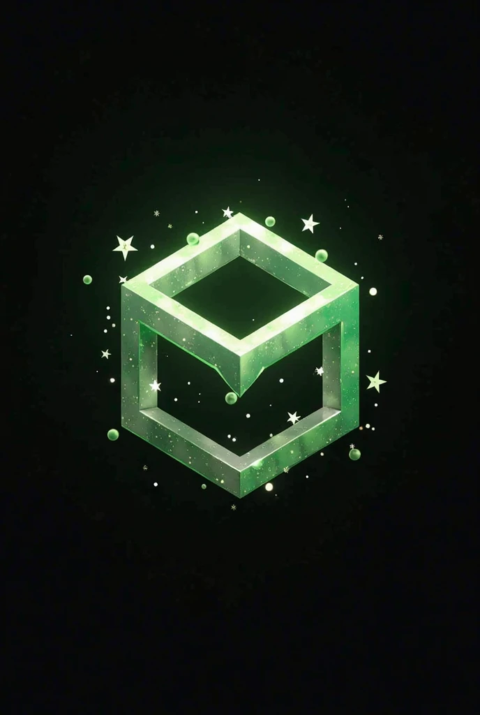 3D logo, aesthetic, pentagon shape, dominant green and white, detailed, there are small star trinkets, two lines of writing, the first line says "MITASUDO", then the second line says "JAYA", the surrounding background is pitch black