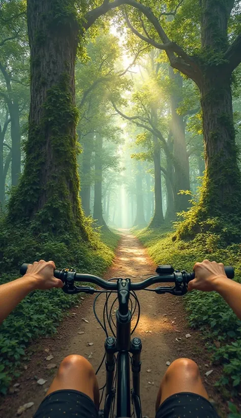 A first-person POV of riding a bicycle through a dense, mystical forest. The rider's hands gently grip the handlebars of a sleek bicycle, but the legs and feet are not visible. The forest is lush and filled with towering trees covered in moss, with sunligh...