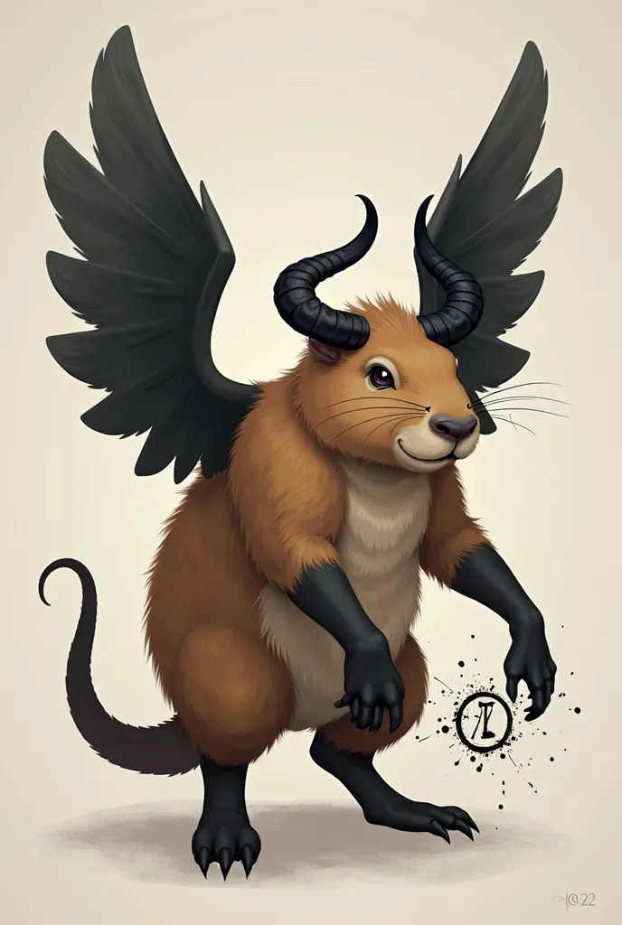 Make a capybara with black wings, with black horns and with a black tail,  releasing a  "zero" From the front legs