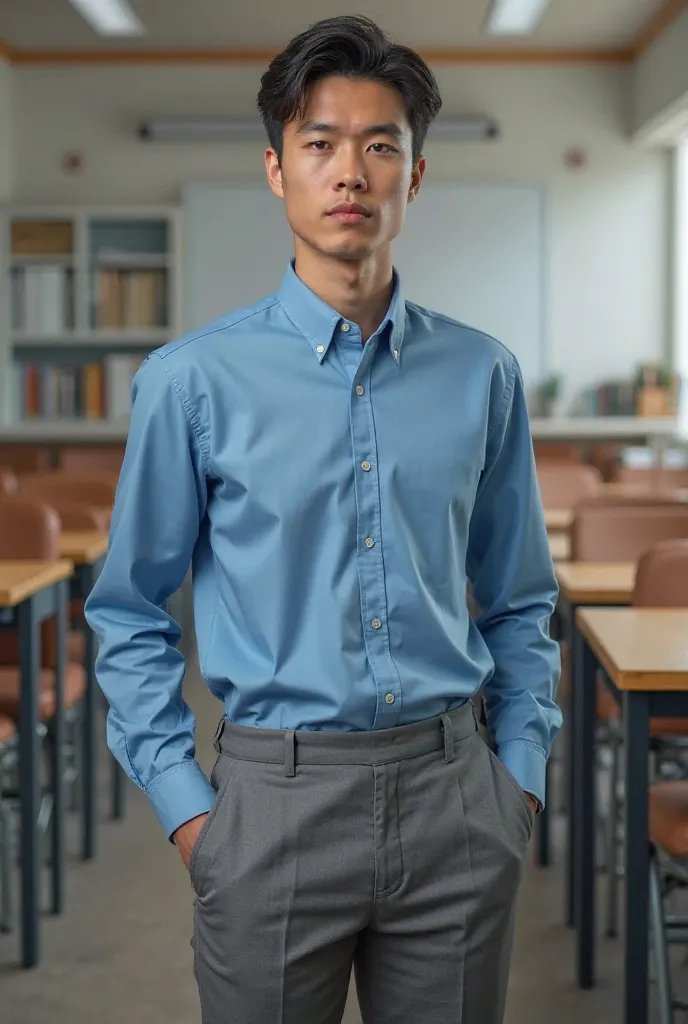 Create high school uniform with blue shirt and gray pants