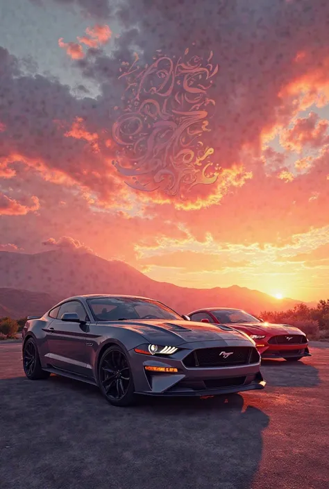 2024 Ford mustangs, sunset background, written in sky “ramadan kareem”  