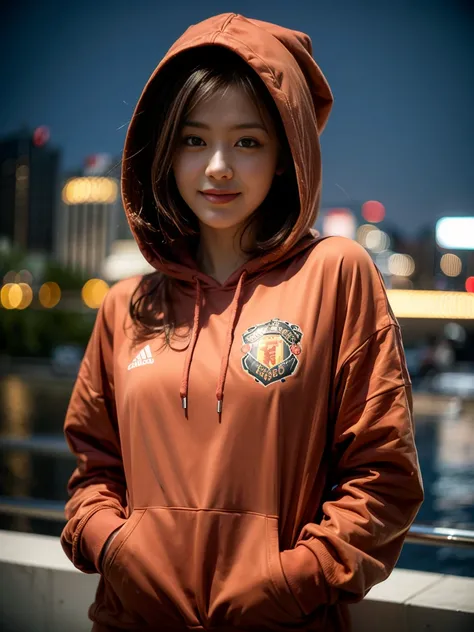 Top quality, ultra high resolution, realisitic, Beautuful Woman, Beautiful detail eyes and skin, smile, Light brown short-cut hair, She is wearing (red hoodie, Manchester United shirt), posing for a photo, photo of slim girl model, gorgeous model, IG-Model...