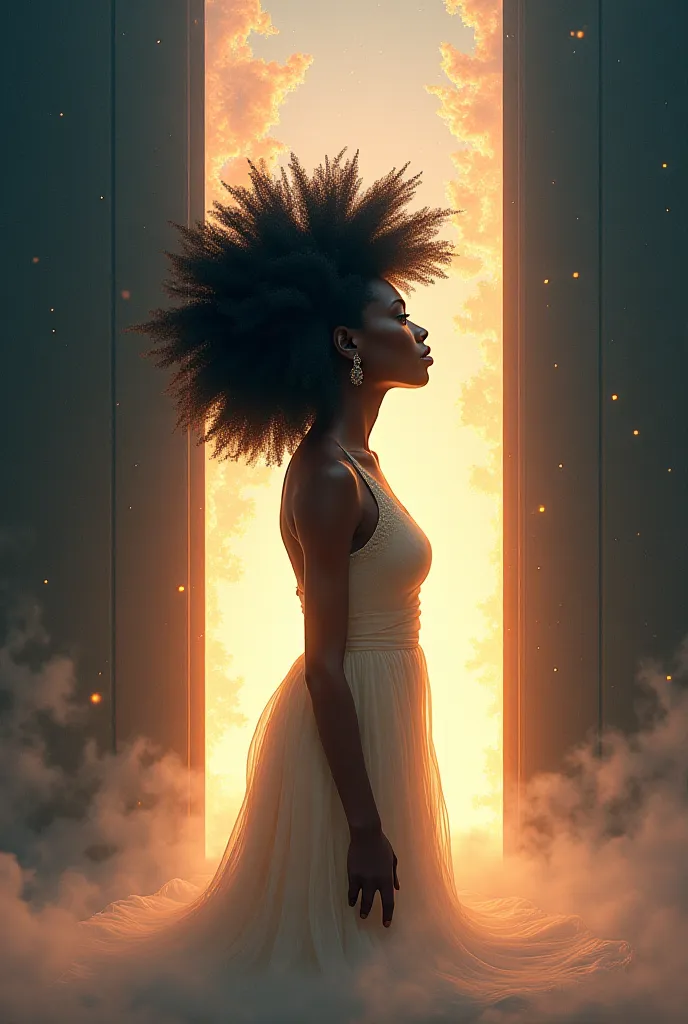 A door that opens to infinite love and a beautiful Afro looking at that infinity of her essence backwards