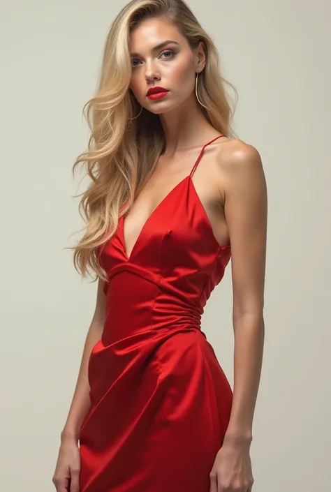 Photo of a woman wearing a red dress,  She stands , on a light background , lips painted , Looks Straight, blond hair long