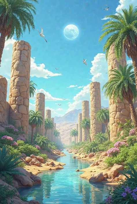 3d anime capture. Daytime desert with a section full of vegetation and tall trees with a few palm trees all with lots of green. Glyphs flying in the sky and hieroglyphics in the sky just as magical and desert captus plants with pink flowers. The sun at noo...