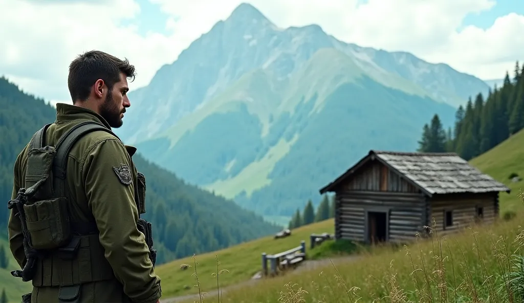 Soldier looking at the green mountains and the rustic wooden house