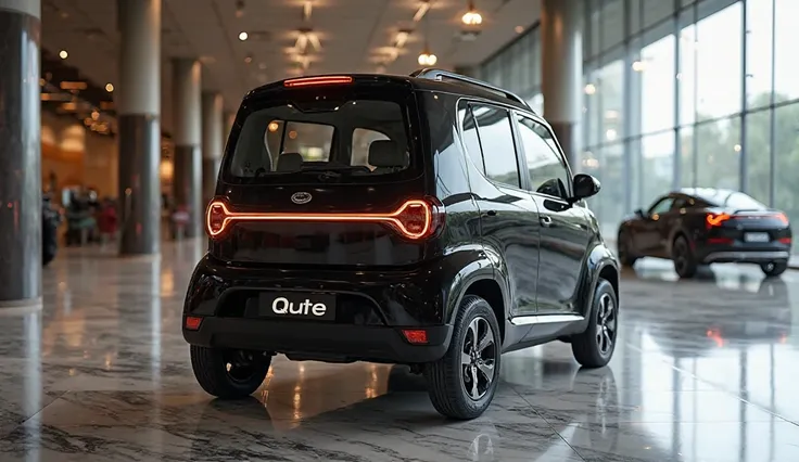 "A realistic, high-quality image of a 2025 Bajaj Qute quadricycle seen from the back right side. The vehicle is finished in a deep, glossy black with a reflective paint that highlights its compact yet modern design. It features a sleek, aerodynamic body wi...