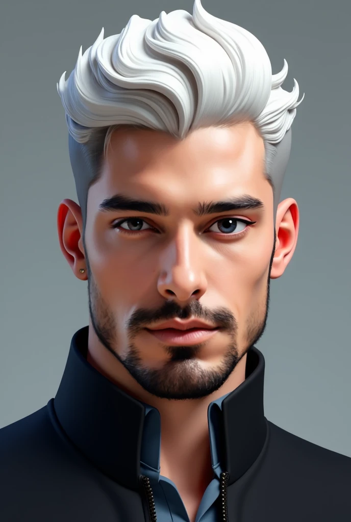 Dye this man's hair in the image a platinum color. His slightly wavy platinum hair and short black beard perfectly match his striking energy.