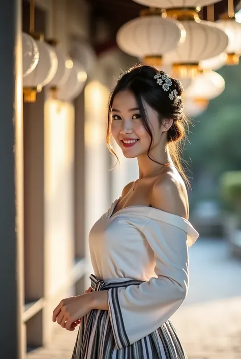 ** The lighting is soft and natural, likely from sunlight, creating a warm and gentle ambiance. The light highlights the model’s features and casts soft shadows, suggesting it might be taken during the golden hour

. **Model's Posture:** The model is posit...