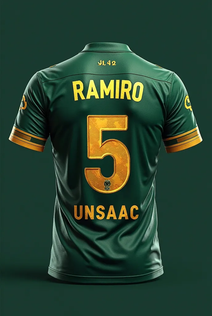 a dark green soccer jersey ,Name Ramiro color gold. Dorsal number 5 in gold color and in the lower part UNSAAC color white