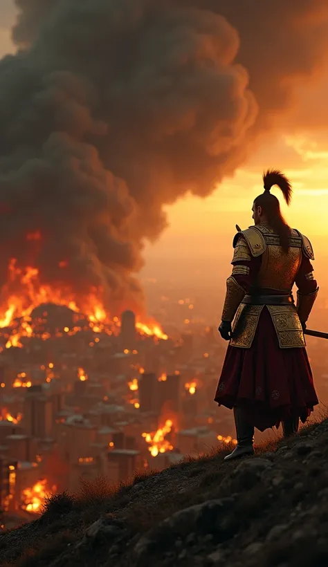 "A close-up of Genghis Khan’s intense gaze as he watches a burning city from a hilltop, his golden armor reflecting the flames below. The sky is a mix of dark smoke and glowing embers. Ultra-realistic, highly cinematic, moody lighting."

