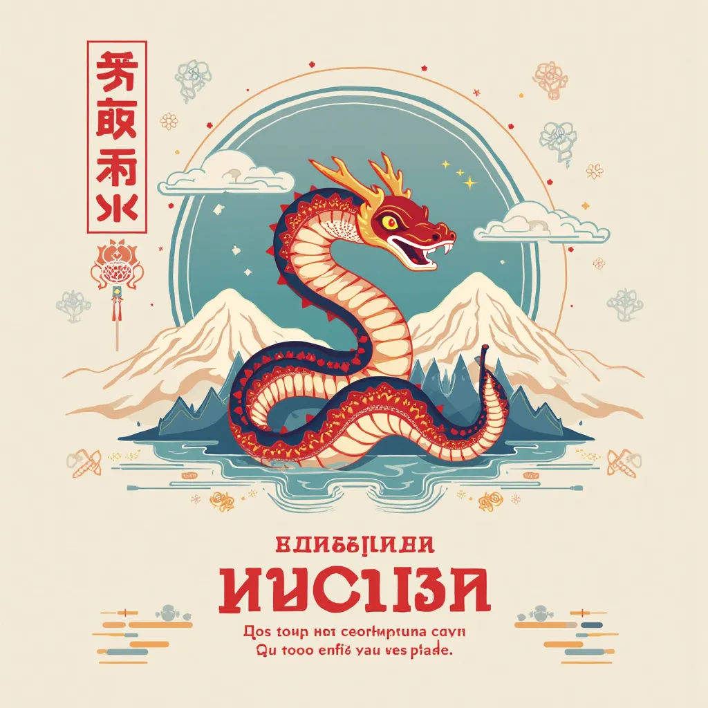 I generated images with the prompt: 'A Tsagaan Sar greeting card in a vector Buddhist style. No people, with a background of clouds and mountain patterns (uulan khee). The clouds should depict a snake wearing a Mongolian deel. Use 2025 trend colors: pale b...