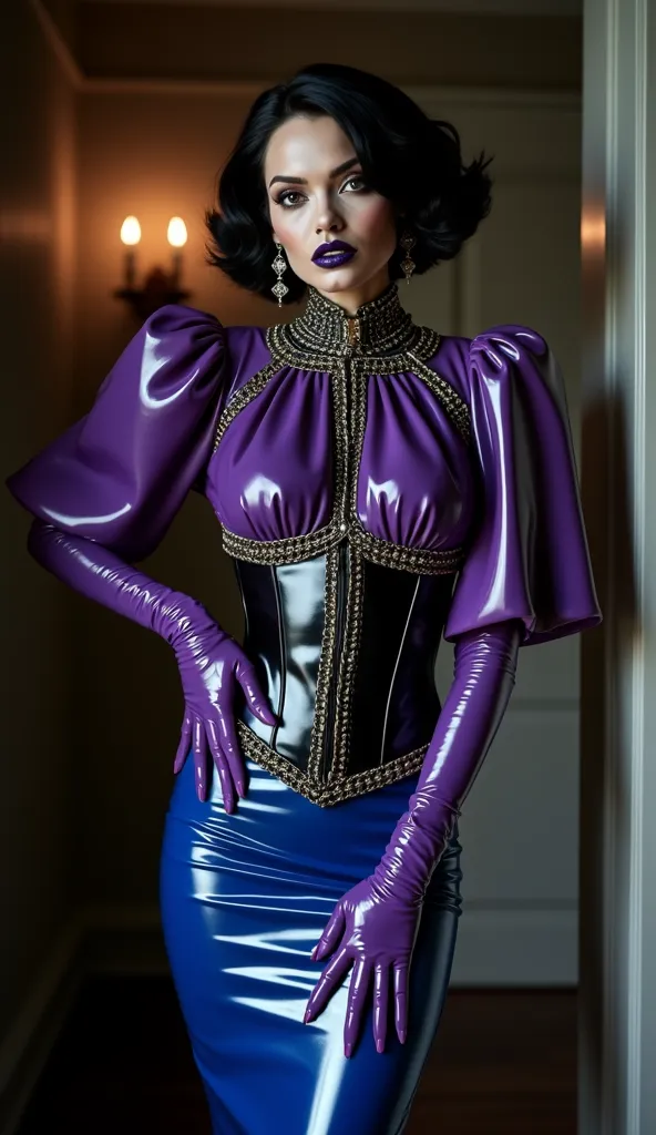 Angelina jolie, vampire, bloos, nosferatu, dracula, black latex skin, mistress, dominatrix, latex, metalic, metalic chains, metalic earings, purple latex heavy high neck blouse, puffy latex sleeves, black latex heavy corset, after knee royal blue latex pen...