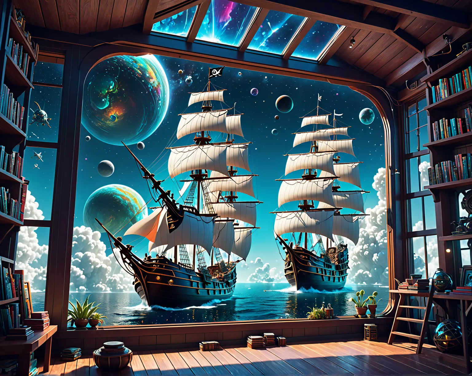 There's a boat in the boat shed window, Space Library Artwork , Pirate ship in space,  8K High Detailed Concept Art ,  Beeple and Tim Hildebrand , 3D rendering beeple, 4K highly detailed digital art,  Beeple Masterpiece , artgem and  Beeple Masterpiece , J...