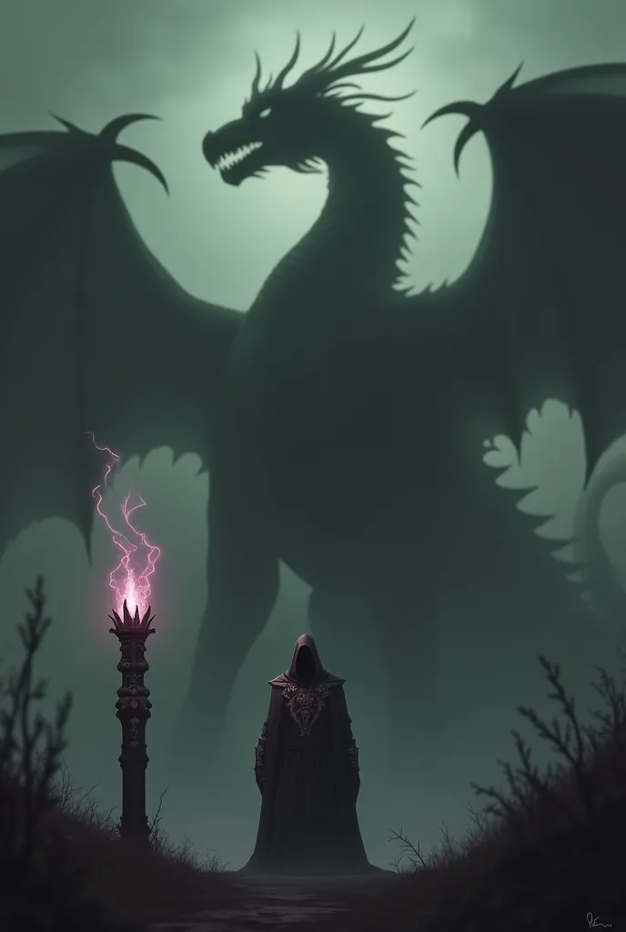 dark background of the outline of a giant dragon. It is dark and the blurry outline or shadow is black. next to him is a wizard
