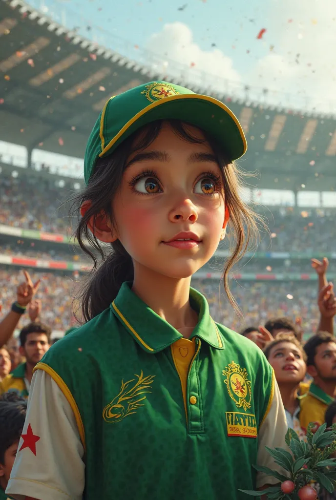 Picture of girl wearing Pakistan cricket uniform with the name Humna watching cricket in stadium 