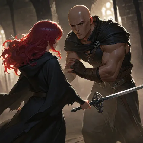 imagine a male bald no hair human rogue in black pirate clothes, hand to hand with a female redhead curly hair female sorcerer.