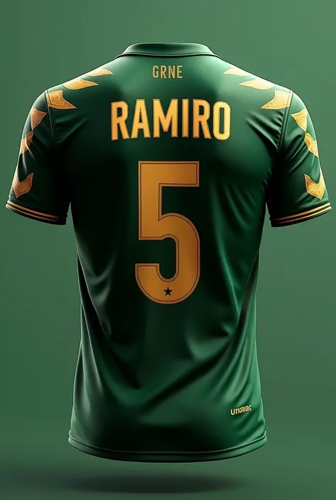 a dark green soccer jersey ,Name Ramiro color gold. Dorsal number 5 color gold and on the bottom the word UNSAAC color white 