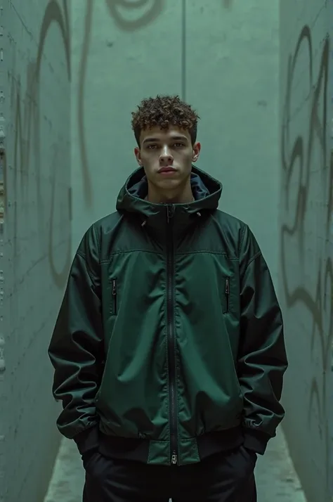 Sure! Here's a detailed AI prompt to generate a similar background image without any effects or text:


---

Prompt:
"A young male model with short curly hair, wearing a modern, futuristic streetwear jacket in a mix of dark green and black. The jacket has ...