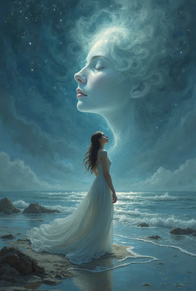 Make a picture of a girl looking at the sky at night in the sea, a picture of her lover in the sky and some mist around it