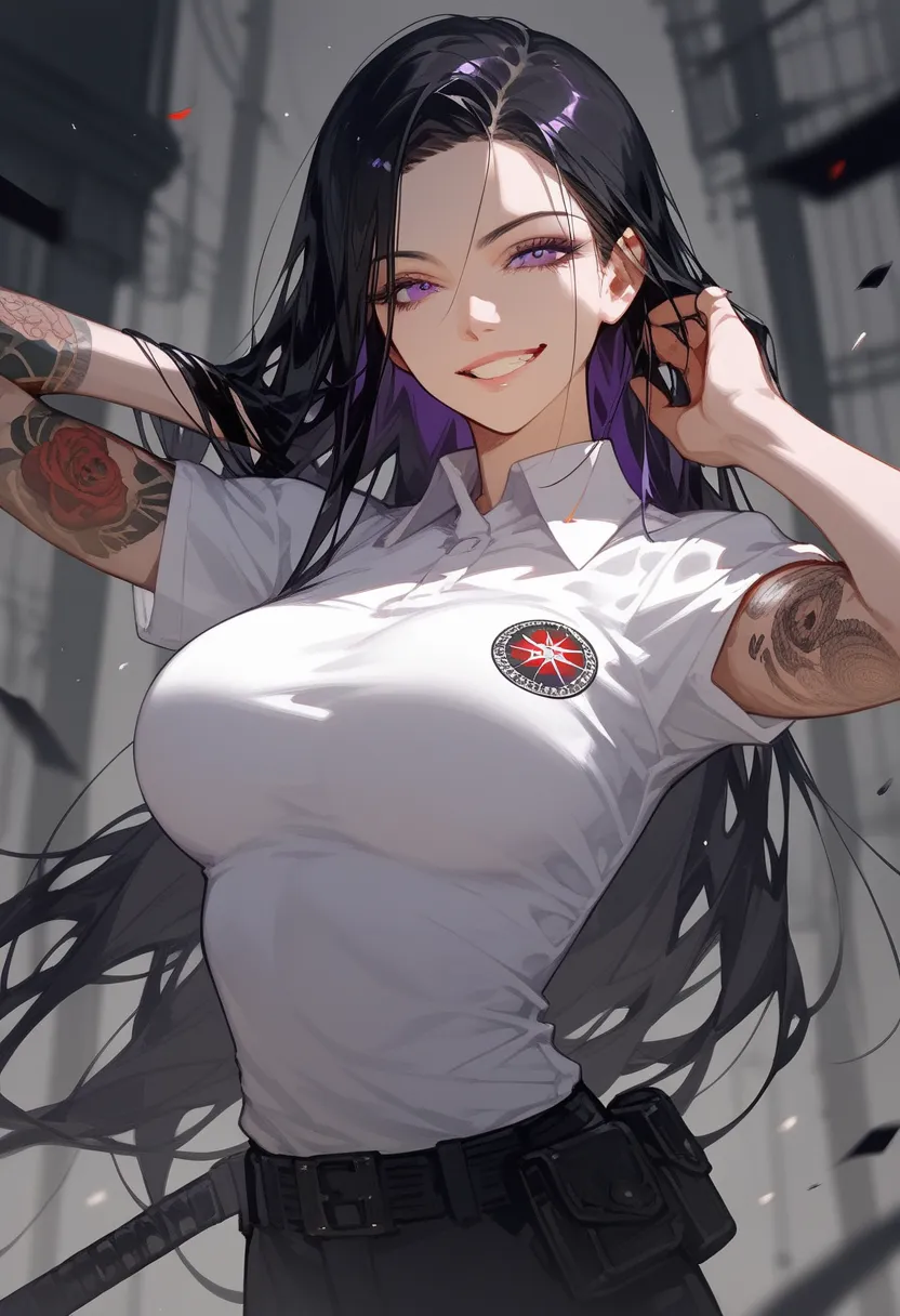  black hair, long hair, in purple eyes,Very long-sleeved prisoner shirt without hands,Teared smile , full arm tattoo ,Murderer, assassin ,big breasts,