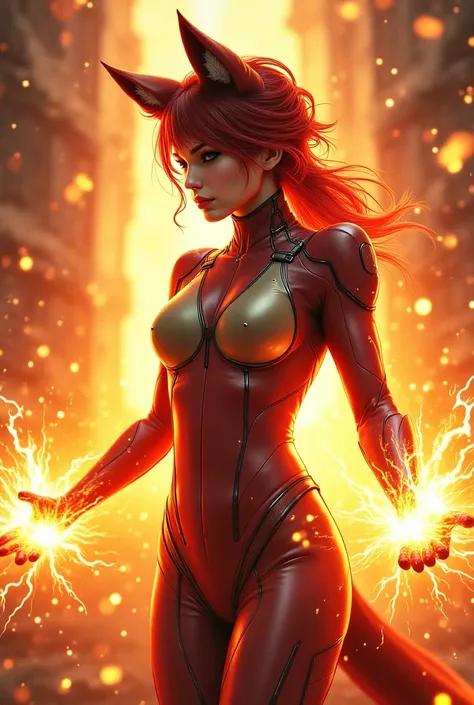 Fox Fire Blast – Kira Chang (Foxy) launching a fiery explosion from her hands, breaking through a time barrier.in her cool suit 