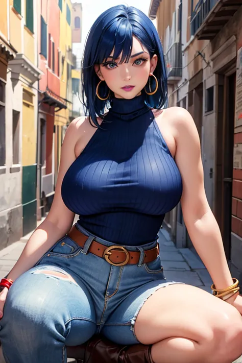 (masterpiece), best quality, expressive eyes, perfect face,perfect ,realistic,1woman, big natural saggy ,blue hair, blue lipstick, huge red hoop earrings, big natural saggy breasts, sleeveless turtleneck orange and white wool sweater, knee-length blue jean...